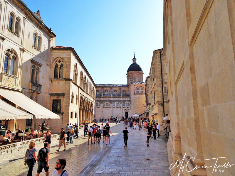 The famous Stradun street in Dubrovnik with its signature tiled pavement.